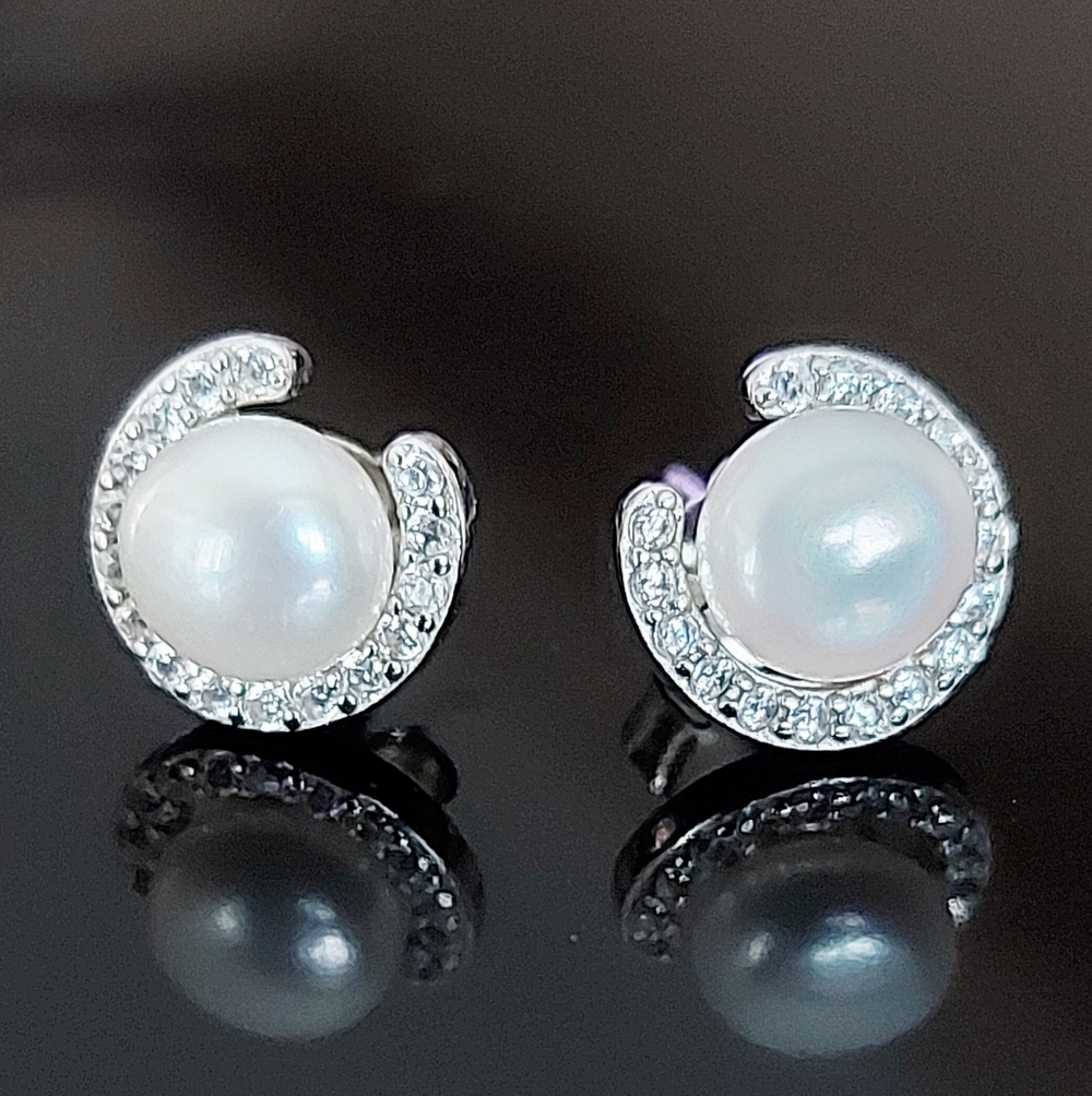 Pearl and Crystal Swirl Stud Earrings - White Pearls